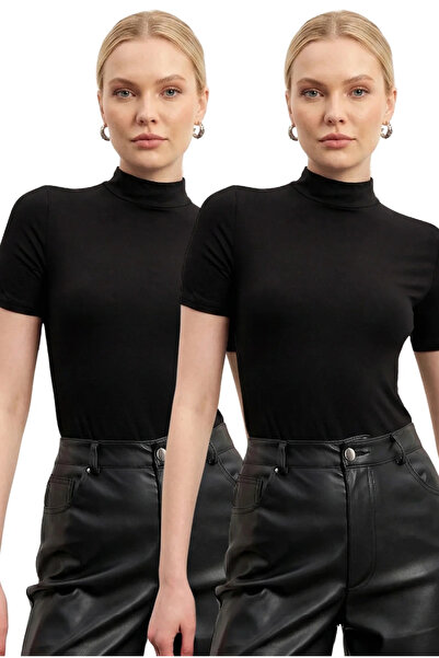 bysoca Women's Black Half Turtleneck Short Sleeve Stretchy Cotton 2-Pack Basi...