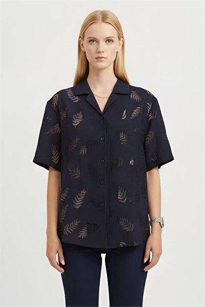 Perspective Navy Blue Leaf Patterned Classic Collar Short Shirt