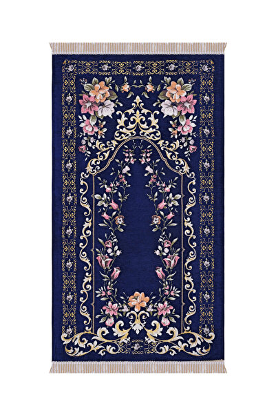 Bursa İpek سجادة صلاة منسوجة خاصة بنقشة غلباقة باللون الأزرق الداكن