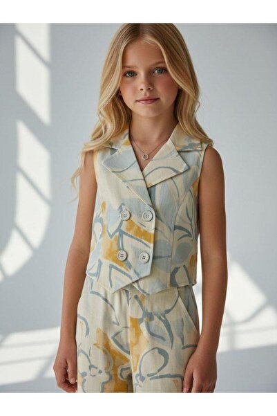 Zekids Vestă pentru fete cu model din in, cu două rânduri de nasturi