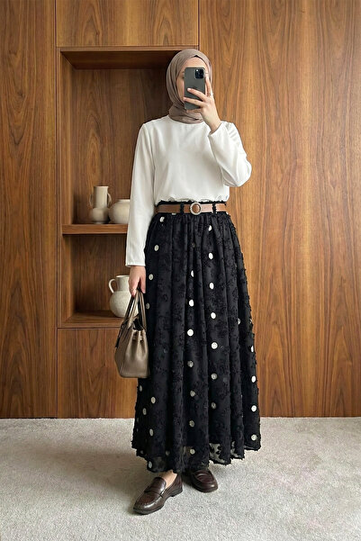 MODAQU Belted Embossed Patterned Lined Chiffon Black Skirt