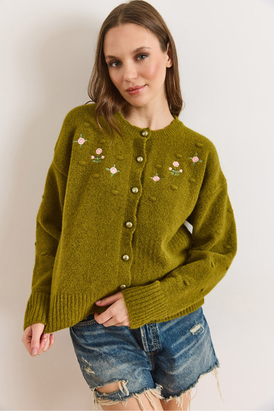 Olalook Women's Oil Green Embroidered Button Detailed Soft Textured Cardigan ...