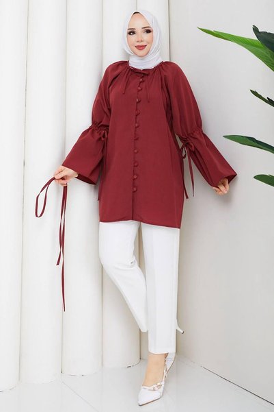 HİFADEN Women's Tie-Up Balloon Sleeve Buttoned Hijab Shirt