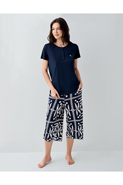 Arnetta Women's Modal/Cotton Navy Blue Short Sleeve Capri Pajama Set