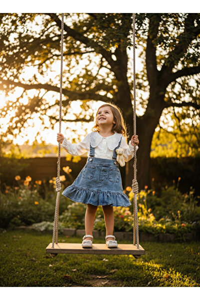 Aura Baby Yakası Dantelli Kot Salopet Elbise Takım