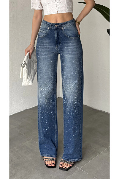 asfamoda Дамски панталони с висока талия и широки крачоли от син камък деним