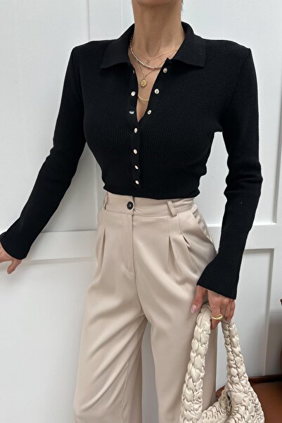 mylove Polo Collar Buttoned Knitwear Black