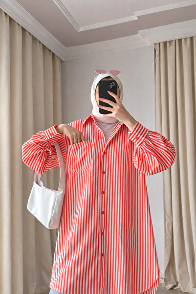 AuraWear Nar Çiçeği Çizgili Oversize Gömlek Tunik Cep Detaylı Salaş Kesim