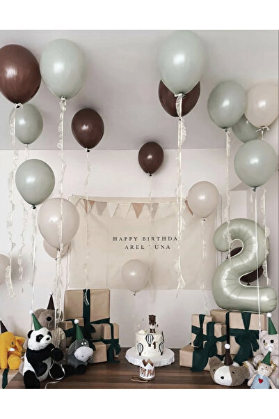 Çemrek Süs Parti Bej Kahve Açık Mint Balon ve Rakam Balon Seti 21 Parça