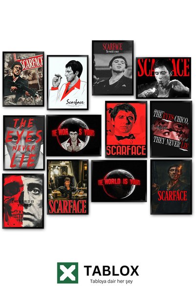 TABLOX 12 Parça Scarface Tony Montana Suç Mafya Gangster Sinema Al Pacino Dekoratif MDF Tablo Seti Duvar