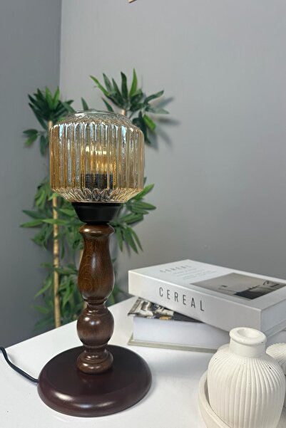 Bamyum Jerno Bal Rengi Cam Ahşap Sütun Gövde Masa Lambası Dekoratif Masaüstü ...