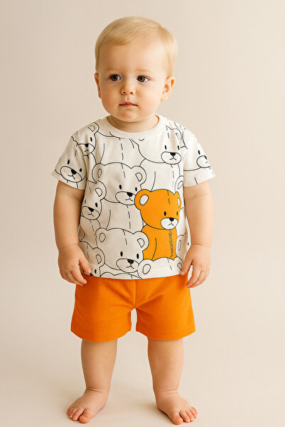 agugu طقم صيفي منقوش برسومات دببة ملونة مع شورت برتقالي