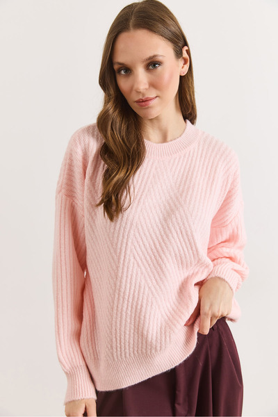 Olalook Women's Candy Pink Crew Neck Geometric Patterned Knitwear Sweater Kzk...