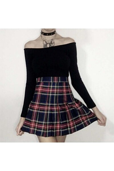 harmony factory Navy Blue Red White Striped Plaid Skirt Women Y2K Streetwear