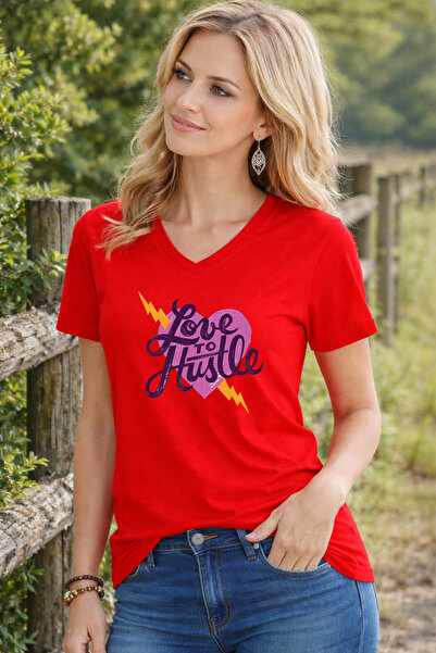 LORVEX Women's V-Neck T-Shirt Comfortable Fit Hustle Printed T-Shirt