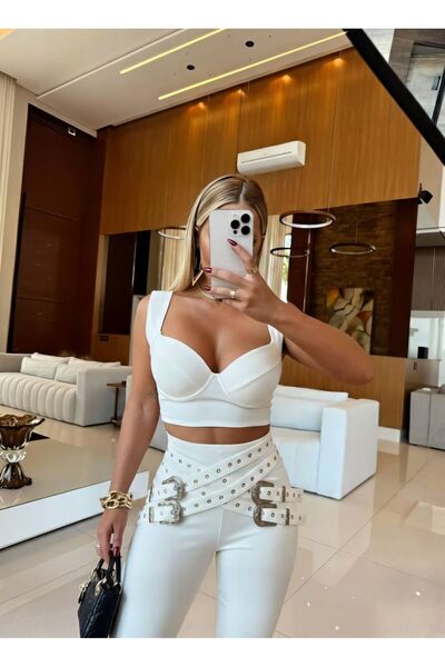 sajarsln High-Waisted Belted Spanish Flared Trousers and Crop Blouse Women's ...