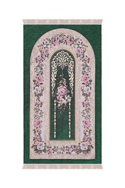 Bursa İpek Yeşil Mihrap Desen Kabartmalı Özel Dokuma Seccade