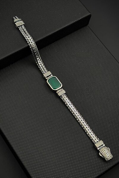 FRNCH 925 Ayar Gümüş ve Akik Doğal Taşlı Yeşil Renk Erkek Bileklik FRJ12890-3...