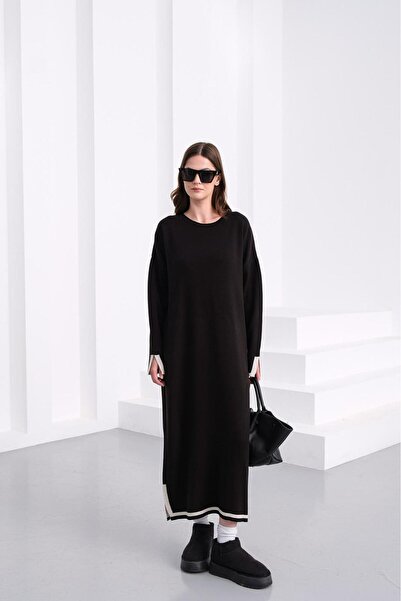 Sea Style Black Oversize Long Knitwear Dress – Crew Neck Minimal Maxi Model
