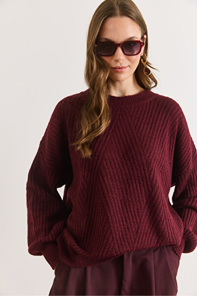 Olalook Women's Burgundy Crew Neck Geometric Patterned Knitwear Sweater Kzk-1...