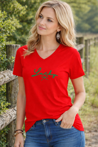 LORVEX V-Neck Women's T-Shirt Lucky Printed – Comfortable Fit Daily Combination