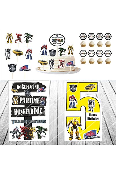 SİYAH PARTİ EVİ Transformers Doğum Günü Masa Panosu / Pasta Süsü Seti 5 Yaş