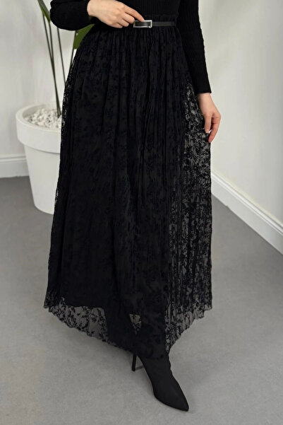 Şulemoda Giyim Madeleine Belted Lace Skirt Navy Blue