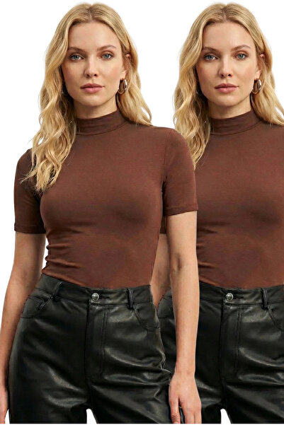 bysoca بلوزة نسائية ذات ياقة نصف دائرية باللون البني وأكمام قصيرة من القطن ال...