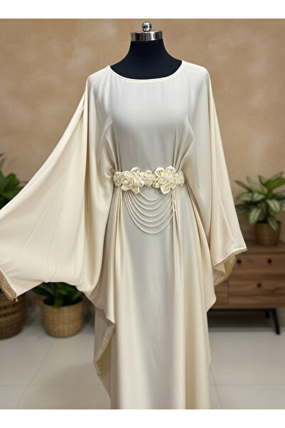genric Elegant abaya with a wide cape cut and a pink Belt adorned with pearl ...