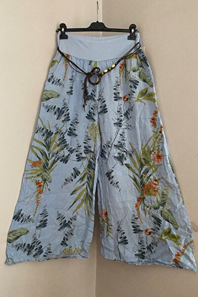 AYASOFYA OTANTIK Women's Italian Blue Tropical Pattern Elastic Waist Buckle R...