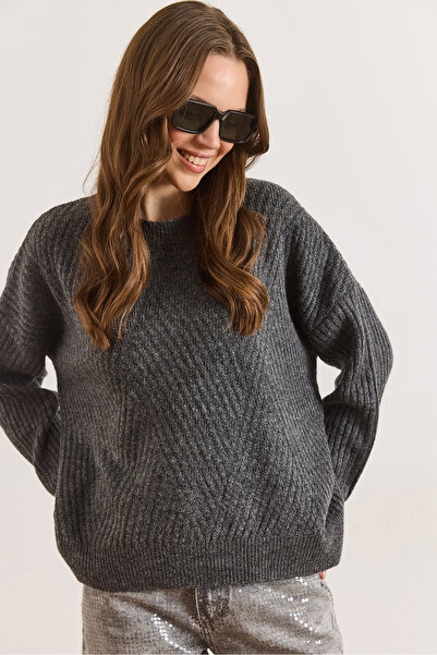 Olalook Women's Anthracite Crew Neck Geometric Patterned Knitwear Sweater Kzk...