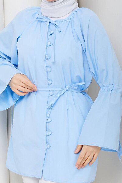 HİFADEN Women's Tie-Up Balloon Sleeve Buttoned Hijab Shirt