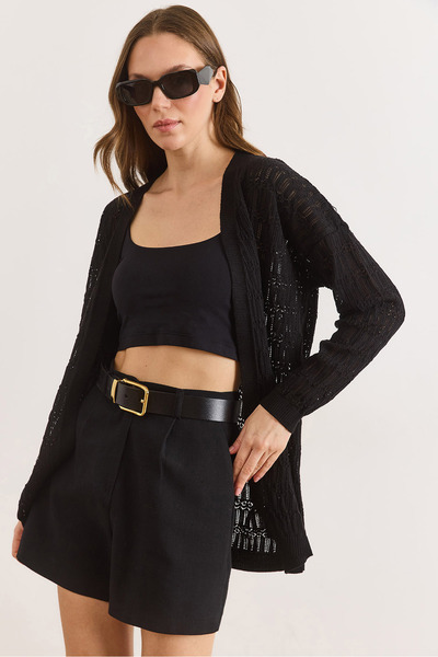 Olalook Women's Black Stripe Patterned Openwork Seasonal Knitwear Cardigan Hr...