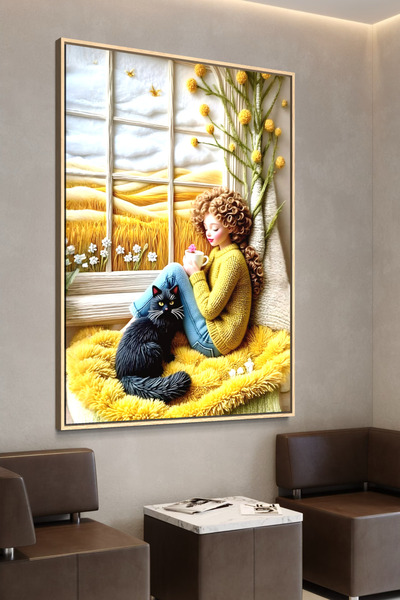 ARTAN GALLERY Çocuk Odası Duvar Tablosu | Sevimli Kız ve Kedi | İtalyan Kadif...