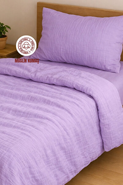 sutra 100% Cotton Muslin Fabric Single Size Fitted Sheet Duvet Cover Set