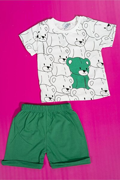 agugu طقم صيفي منقوش برسومات دببة ملونة مع شورت باللون الأخضر