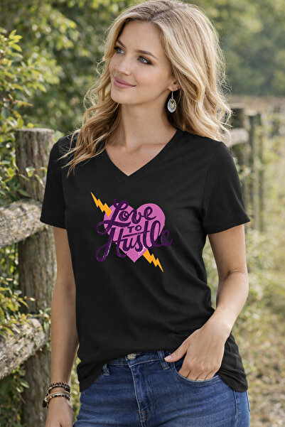 LORVEX Women's V-Neck T-Shirt Comfortable Fit Hustle Printed T-Shirt