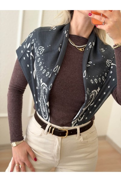 gingillo aksesuar Antrasit Etnik Desen Pamuklu Fular 90*90cm