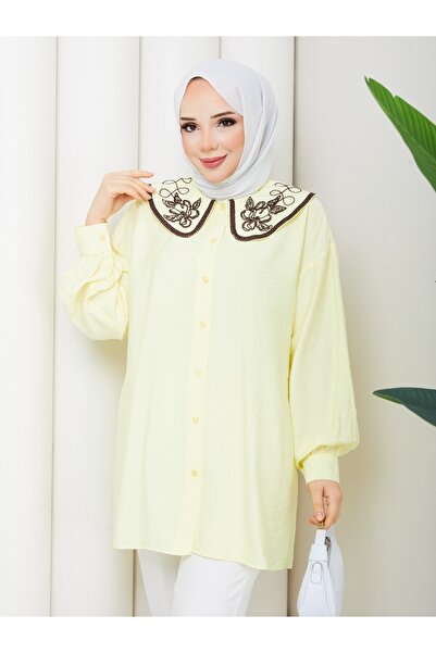 Güba Ticaret Kadın Bebe Yaka Nakışlı Tunik – Uzun Kollu Düğmeli Uzun Bluz – Ş...