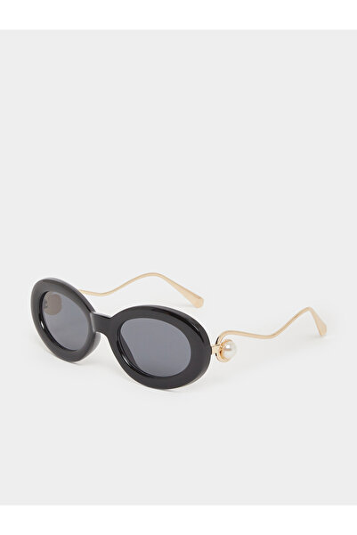 Styli Black Oval Sunglasses with Pearl Detail