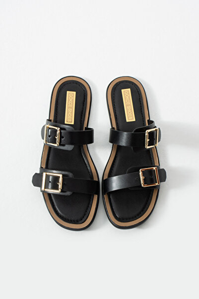 Gökçe Shoes İmperio Siyah Çift Tokalı Düz Taban Kadın Terlik