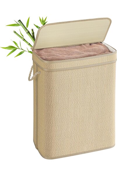 SONGMICS laundry basket, bamboo/metal/PU leather, , 48 x 32 x 61 cm, 90L