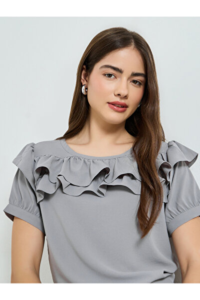 Styli Grey Ruffled Detail Short Sleeve Blouse