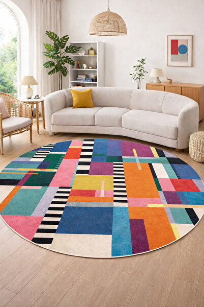 Decomia Home Dijital Kaymaz Yıkanabilir Renkli Yuvarlak Salon Halısı Çocuk Ha...