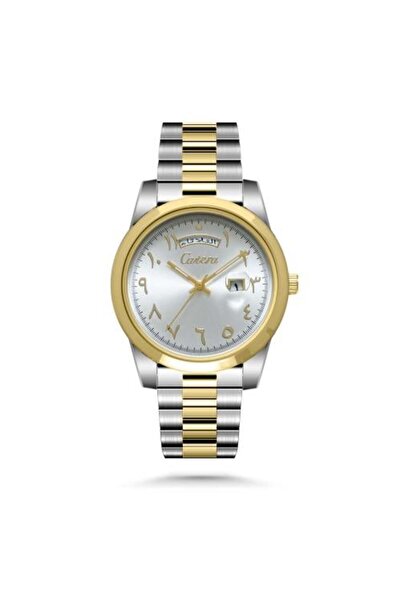 catera Arabic date and day watch with a silver and gold steel strap and a whi...