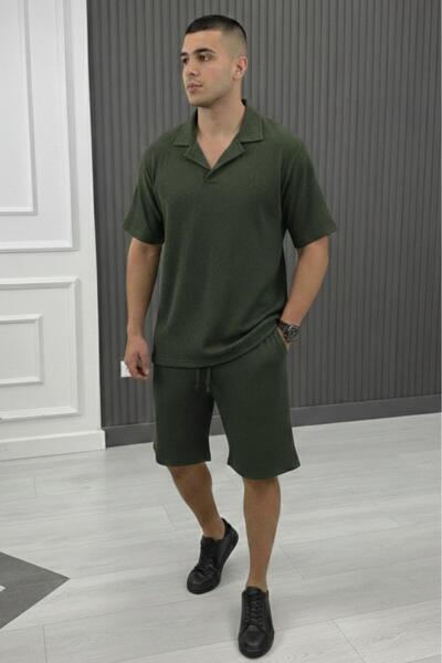 CAST COLLECTİON Men's Green Bürümcük Apaj Collar T-Shirt Shorts Set