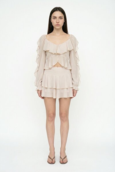 Quzu Ruffled V-Neck Chiffon Blouse Beige