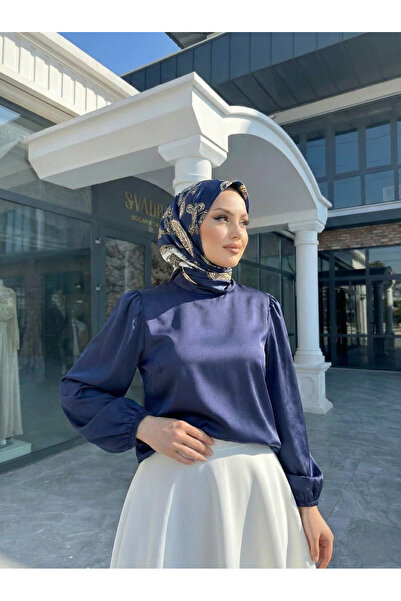 Foremia Back Zipper Detail Satin Tunic-Navy Blue