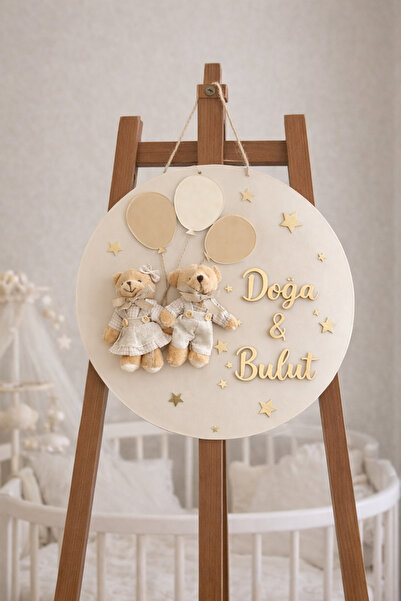 Güler Kaligrafi Kişiye Özel İkiz Bebek İsimli Ayıcıklı Kapı Süsü Bebek Odası ...