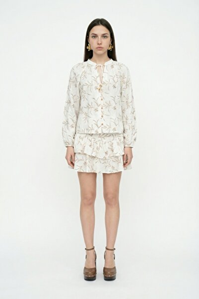Quzu Екру риза с флорална бродерия и връзки на яката